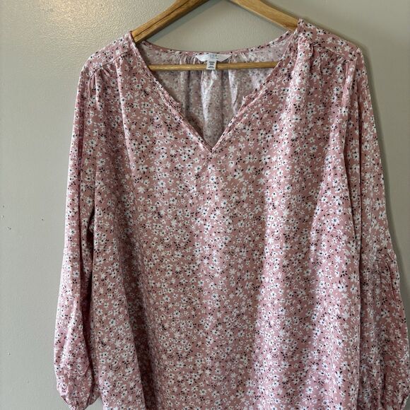 Time And Tru Pink Floral Peasant Top Long Sleeve Blouse Womens Sz XXXL - Picture 2 of 8